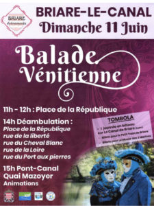 Balade Vénitienne proposée par Briare évènement le dimanche 11 Juin, La maison du pont Canal proposera sa bière artisanale, sorbet artisanal, terrines, atelier masque enfants et une pause musicale avec pianiste et violoniste.